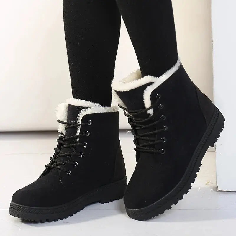Women's cozy short ankle boots, warm plush lining, stylish cold-weather synthetic upper