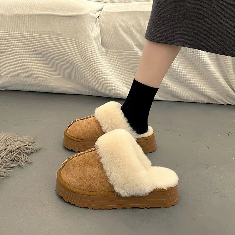 Women's cozy winter slippers milky white thick 5cm sole soft cotton lining warm elegant indoor