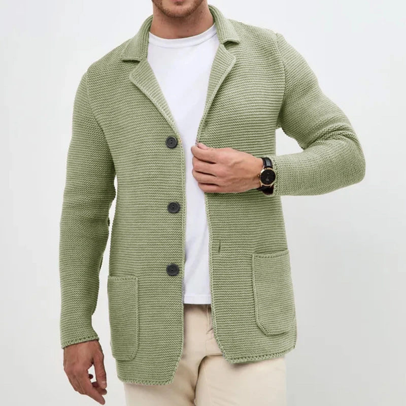 Men's beige knitted button-front cardigan with turn-down collar, relaxed fit, and front pockets