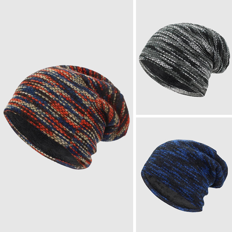 Striped winter beanie in premium wool with plush fleece lining for cold-weather warmth