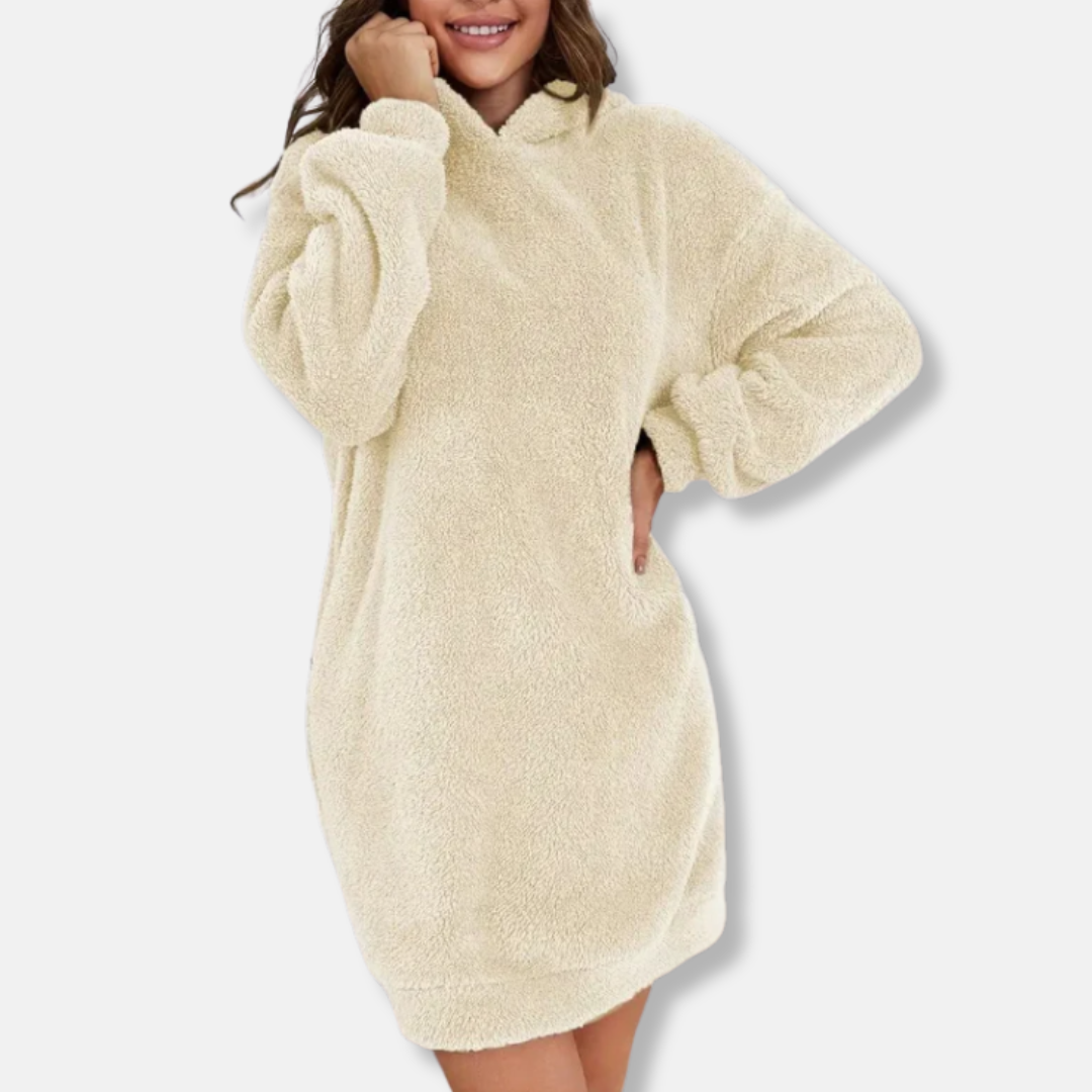 Women's oversized fleece hoodie mini dress long sleeve lounge wear with ribbed cuffs
