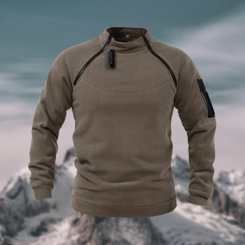 Men's gray tactical fleece pullover relaxed fit with wind-resistant fabric and sleeve pocket