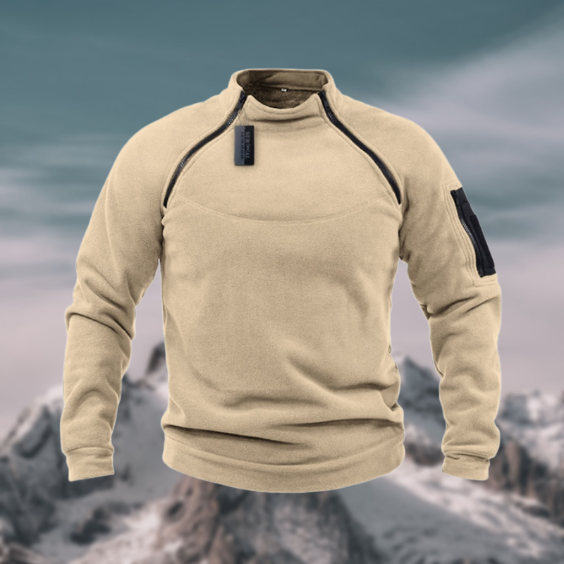 Men's gray tactical fleece pullover relaxed fit with zippered sleeve pocket wind-resistant fabric