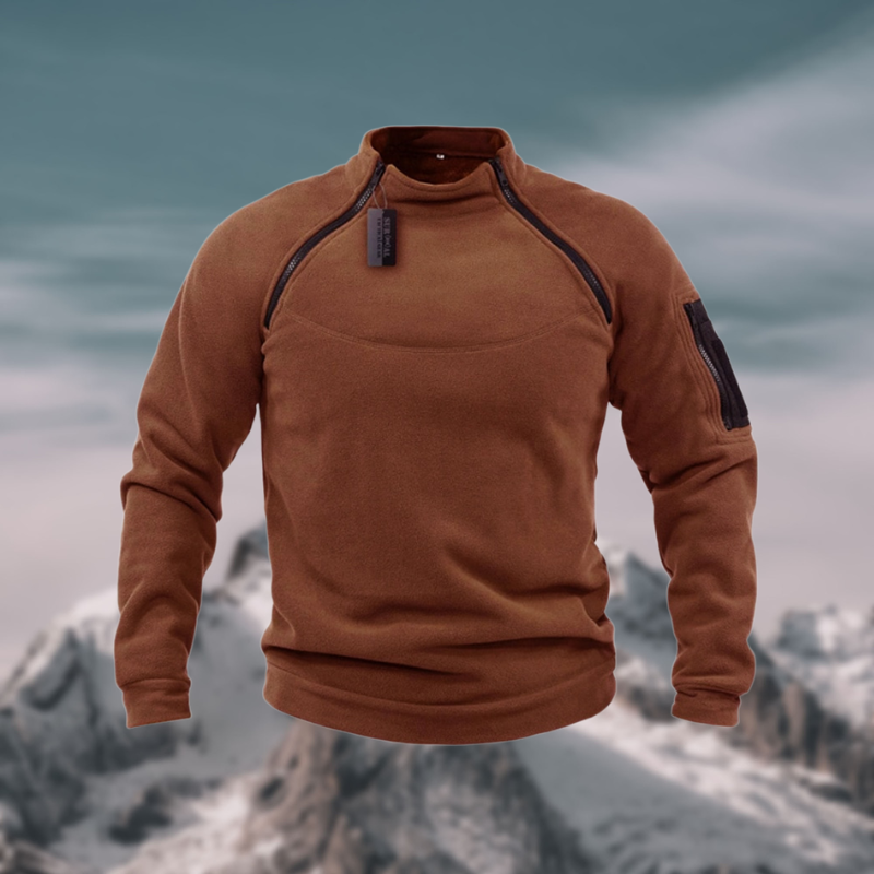 Men's gray tactical fleece pullover relaxed fit with wind-resistant fabric and sleeve pocket