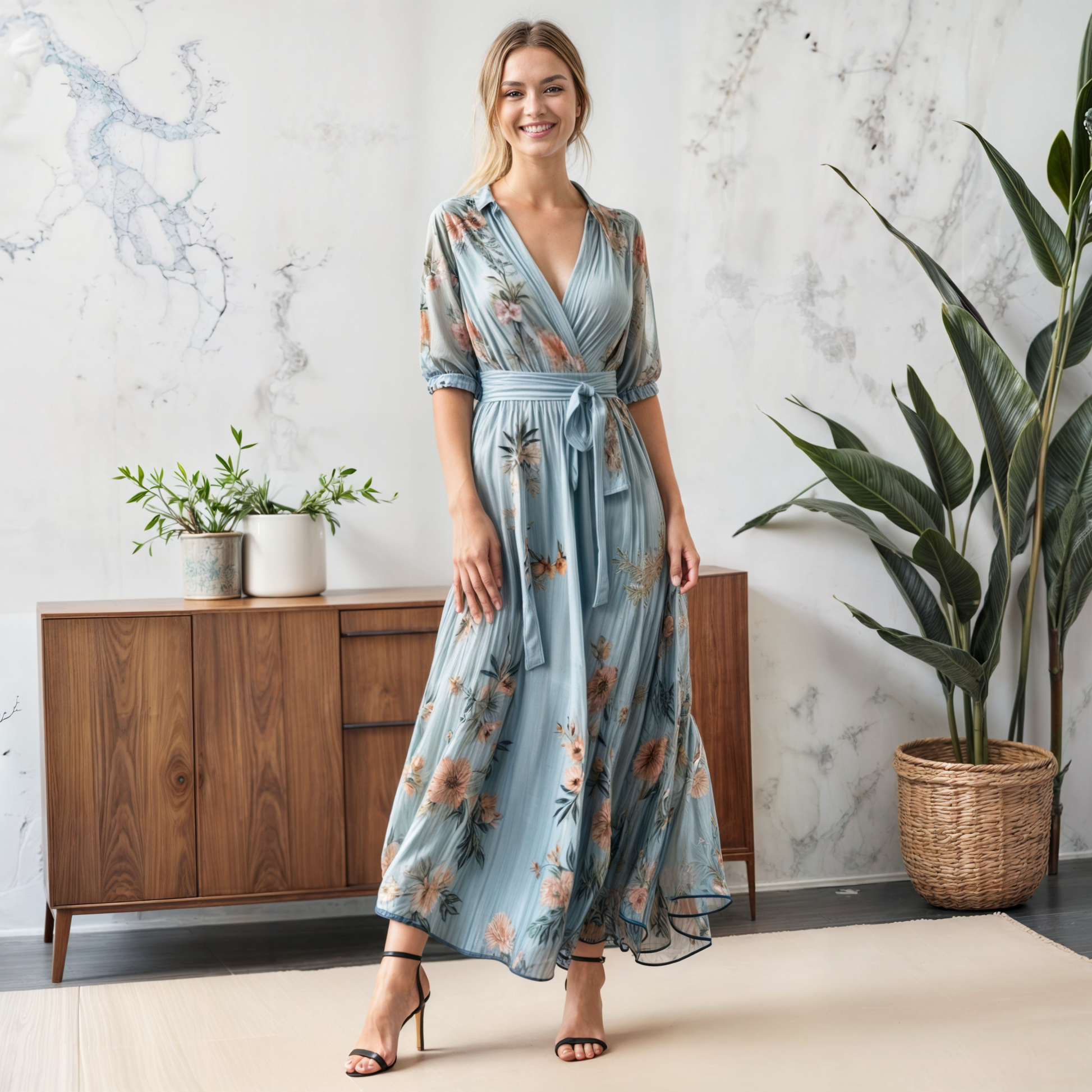 Floral v-neck midi dress in flowing silhouette with flattering free-movement design
