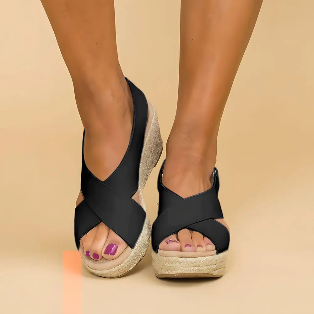 Women's beige criss-cross espadrille wedge sandals with braided rope platform sole