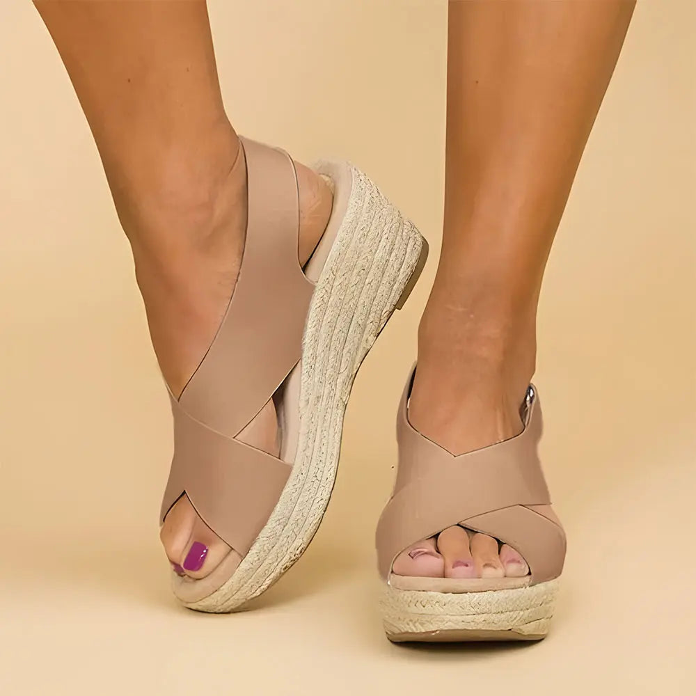 Women's beige criss-cross espadrille wedge sandals with braided rope platform for summer style