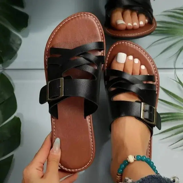 Women's beige cross-hollowed summer slippers flat sandals with openwork strap breathable PU faux leather