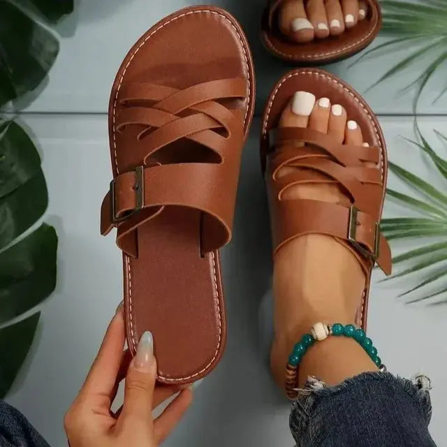 Women's beige cross-hollowed summer slippers flat sandals with openwork PU faux leather straps