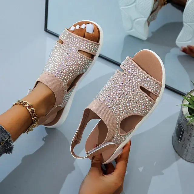 Women's crystal-embellished casual slippers, lightweight breathable slide style with sparkling rhinestone details