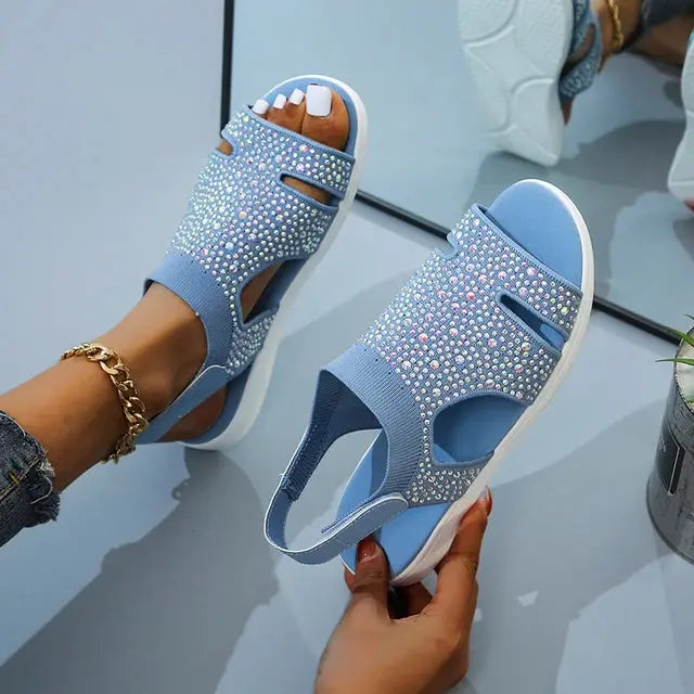 Women's crystal-embellished casual slippers, lightweight open-toe slides with sparkling rhinestone detail