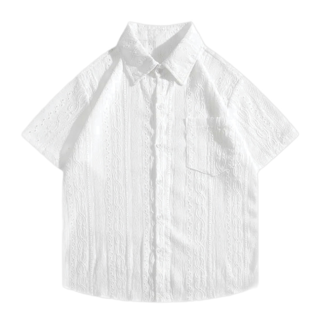 White jacquard lace shirt regular fit turn-down collar with subtle woven texture pocket lapel