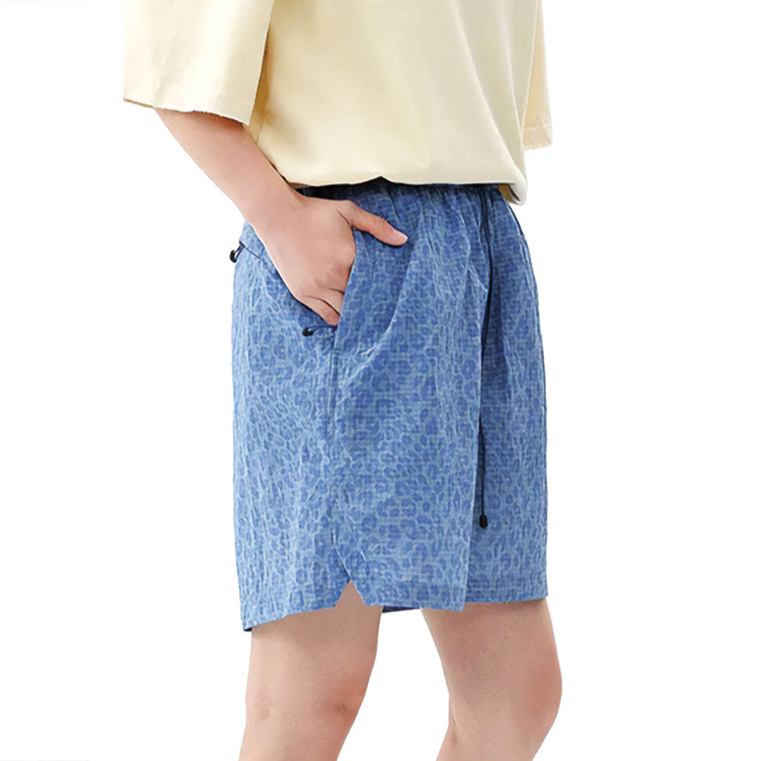 EchoTrek leopard print quick-dry nylon shorts with elastic drawstring waist, relaxed knee-length fit