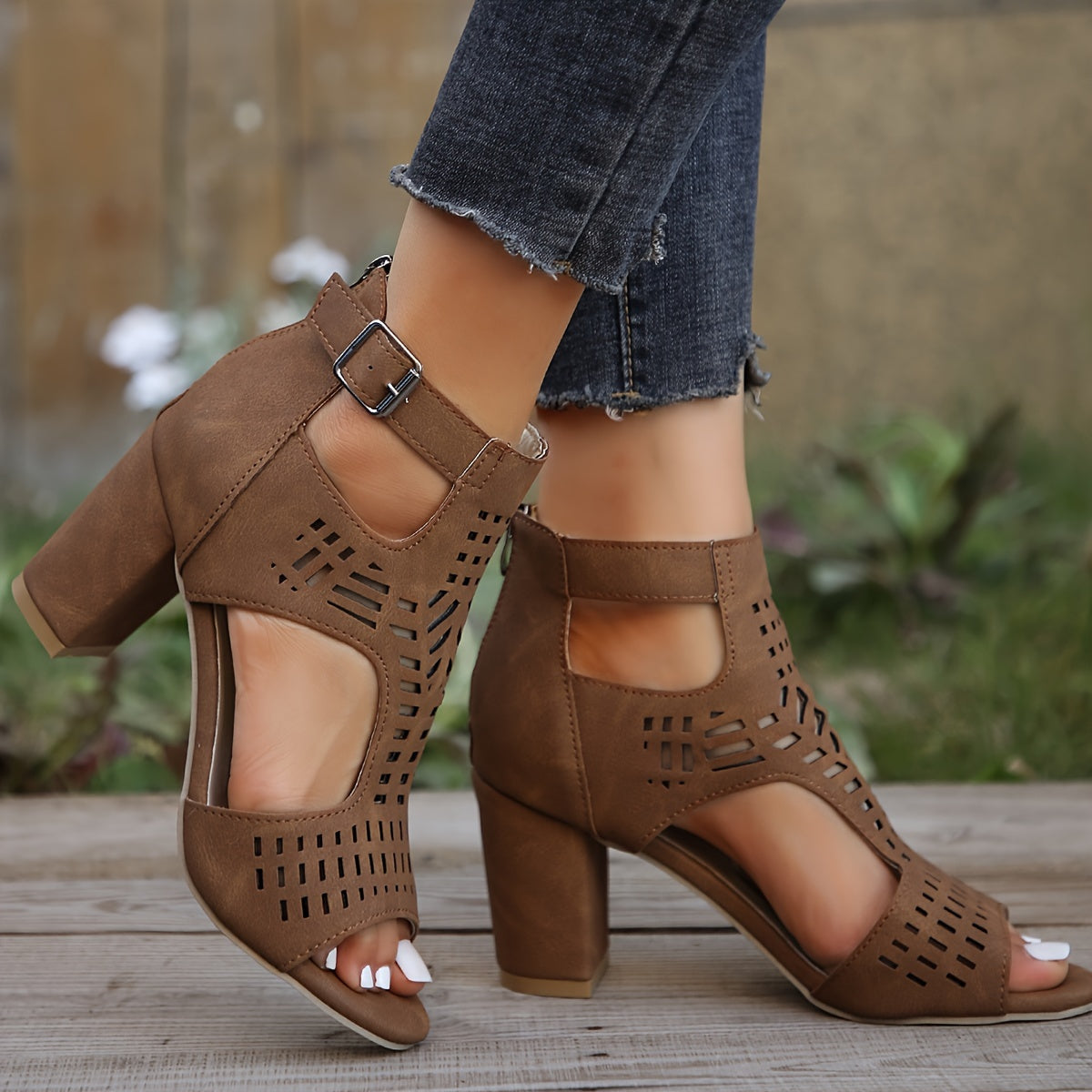 Black cut-out peep-toe ankle boots with geometric openings and block heel for women