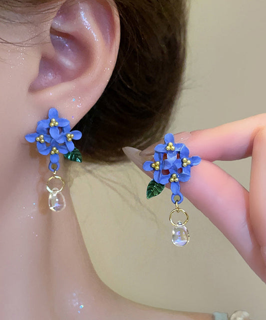 Boucles d'oreilles pendantes en résine et alliage bleu, motif floral, émail cuit - Wavlynn