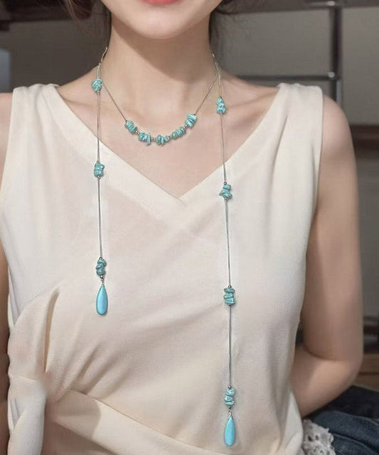 Collier pendentif pull en acier inoxydable bleu avec perles turquoises - Wavlynn