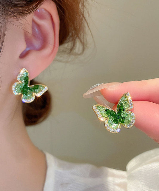 Boucles d'oreilles à tige en forme de papillon en cristal de zircon vert et cuivre - Wavlynn