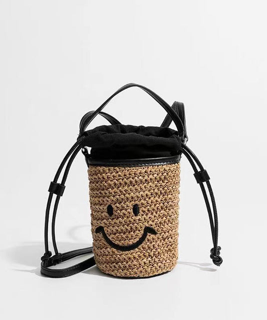 Sac seau en paille tissée avec cordon de serrage et joli sourire kaki - Wavlynn