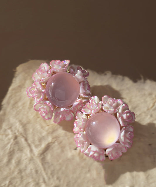 Boucles d'oreilles à tige florales en alliage rose avec pierre œil de chat incrustée - Wavlynn