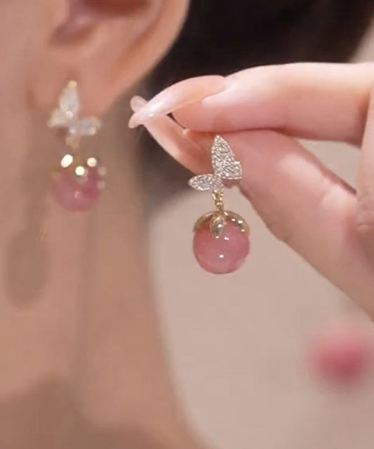 Boucles d'oreilles à tige en alliage de zircon rose avec pierre œil de chat et papillon - Wavlynn