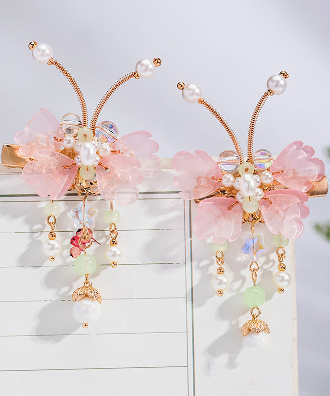 Jolie paire d'épingles à cheveux en alliage de cuivre rose avec perles et pompons papillon pour enfants - Wavlynn