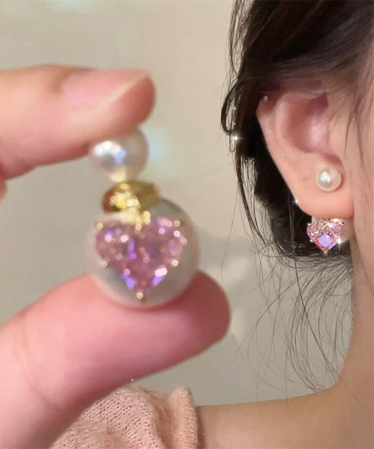 Boucles d'oreilles à tige en alliage de cuivre rose avec perles d'amour en zircon - Wavlynn