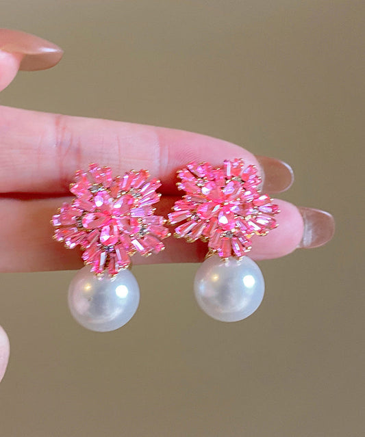 Boucles d'oreilles pendantes en alliage de cuivre rose avec perles de zircone - Wavlynn