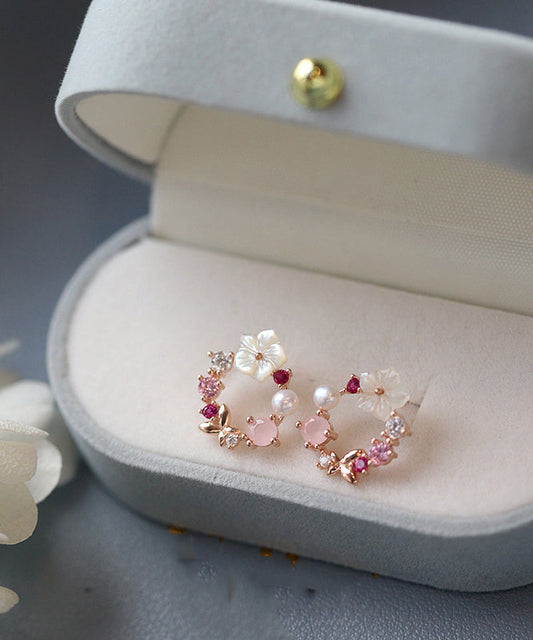 Jolies boucles d'oreilles créoles florales en zircon rose surdoré - Wavlynn