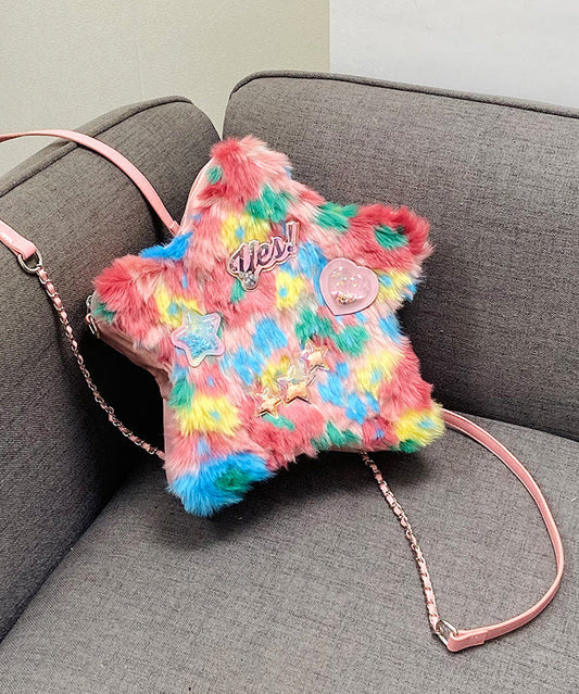 Sac à dos en fausse fourrure patchwork rose à cinq branches pour fille - Wavlynn