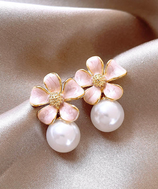 Boucles d'oreilles puces mignonnes en alliage de métal rose avec perles et effet floral coulant - Wavlynn