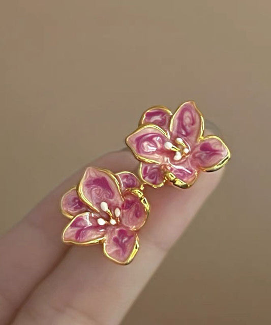 Boucles d'oreilles à tige en métal rose avec motif floral et vernis goutte à goutte - Wavlynn