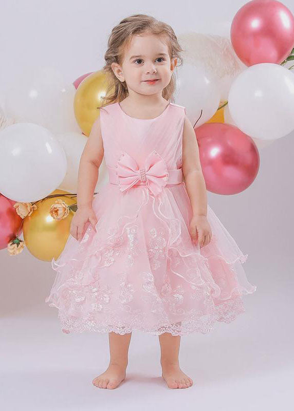 Jolie robe longue rose en tulle brodé à col rond pour fille, sans manches - Wavlynn