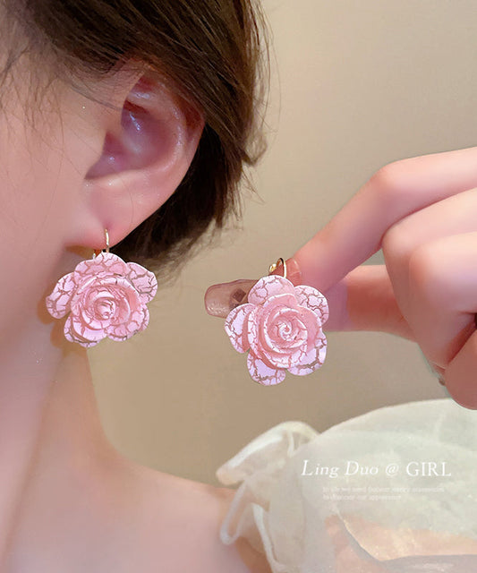 Jolies boucles d'oreilles créoles en alliage d'argent sterling rose et résine rose - Wavlynn