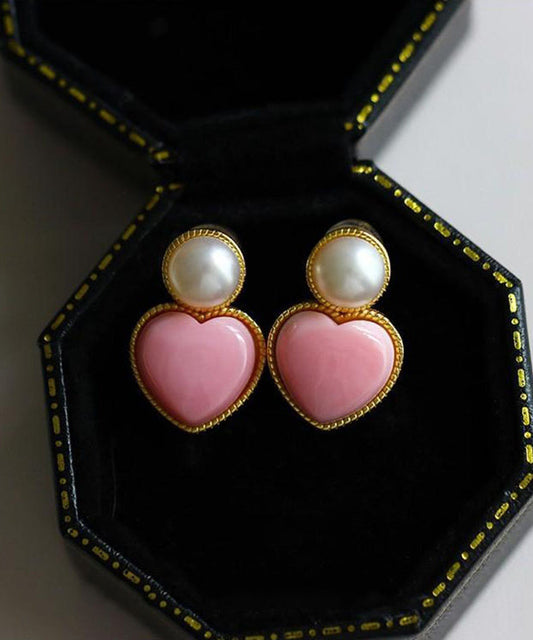Boucles d'oreilles à tige en argent sterling rose avec perles d'amour surdorées - Wavlynn