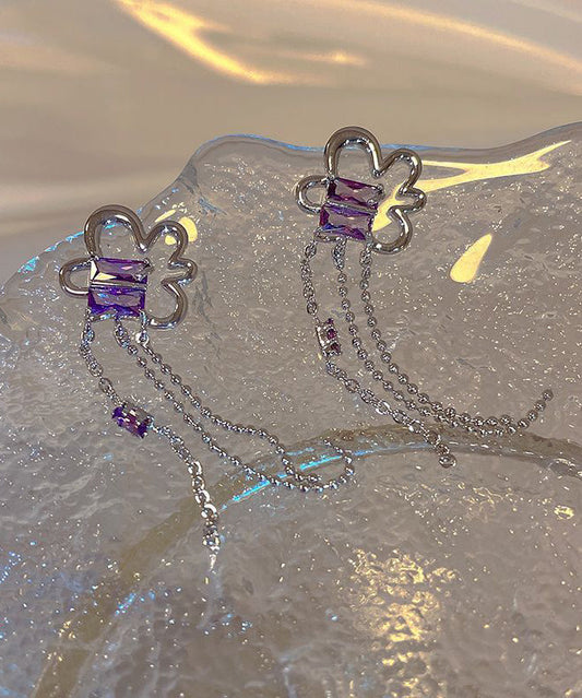 Jolies boucles d'oreilles pendantes à pampilles florales en argent sterling violet - Wavlynn