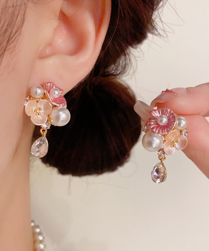 Boucles d'oreilles pendantes en cuivre doré arc-en-ciel, zircon, perle et motif floral en forme de goutte d'eau - Wavlynn