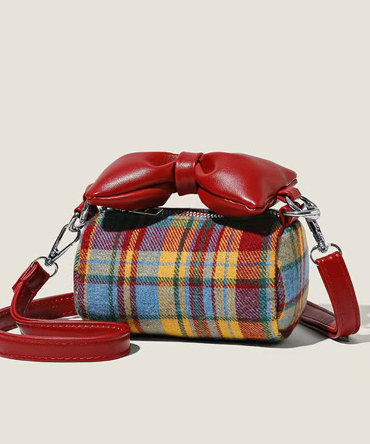 Joli sac rond en toile et lin pour fille avec nœud à carreaux rouges - Wavlynn