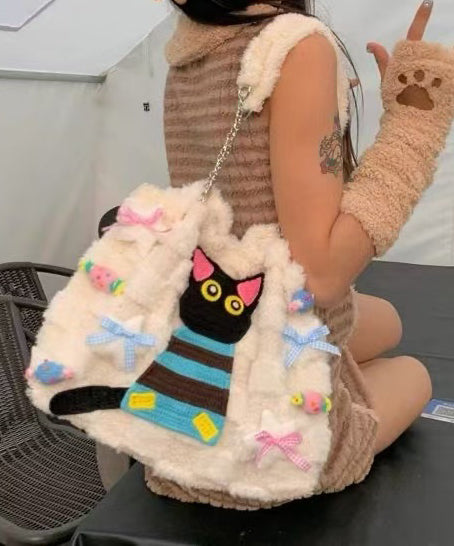 Sac à rabat en fourrure duveteuse brodée de chat blanc mignon pour filles - Wavlynn