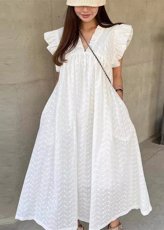 Jolie robe de vacances en coton à volants et pois blancs sans manches - Wavlynn
