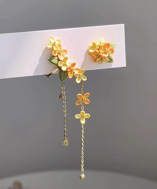 Boucles d'oreilles pendantes à pompon en alliage jaune avec motif osmanthus - Wavlynn