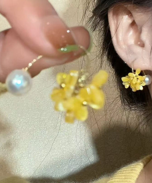 Boucles d'oreilles créoles florales en perles acryliques jaunes cuivrées - Wavlynn