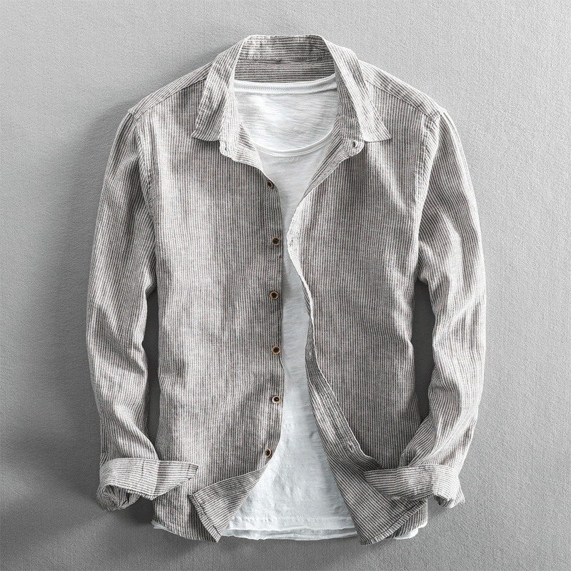 Men's cotton linen striped shirt regular fit long sleeve breathable button closure casual semi-formal