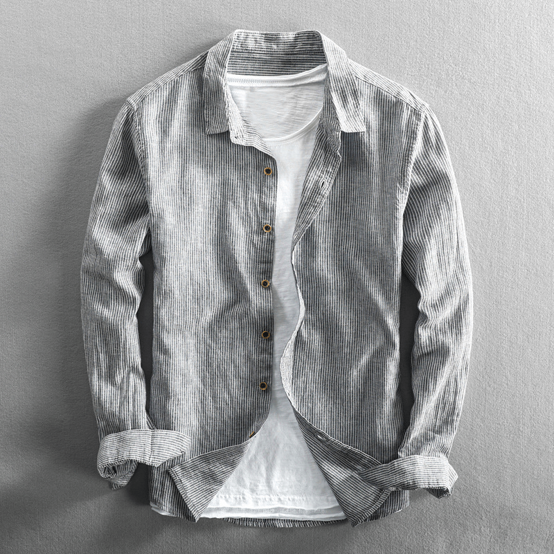 Men's blue striped cotton linen regular fit long sleeve shirt with button closure