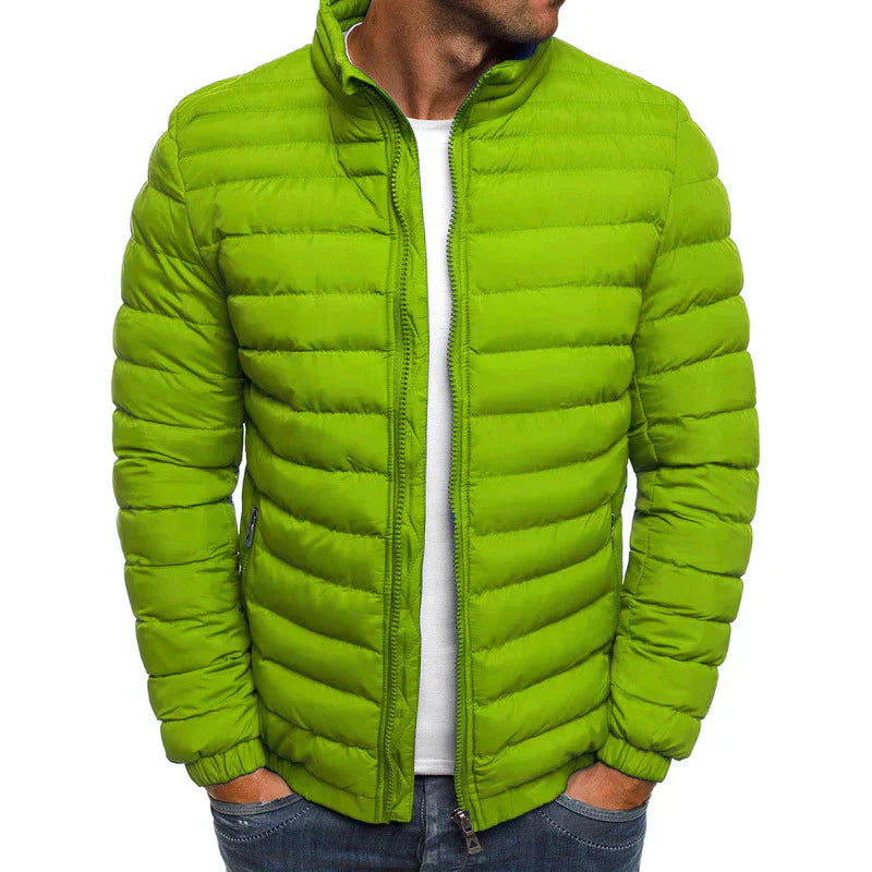 Men's lightweight navy puffer jacket windproof high collar zip closure slim fit quilted insulation