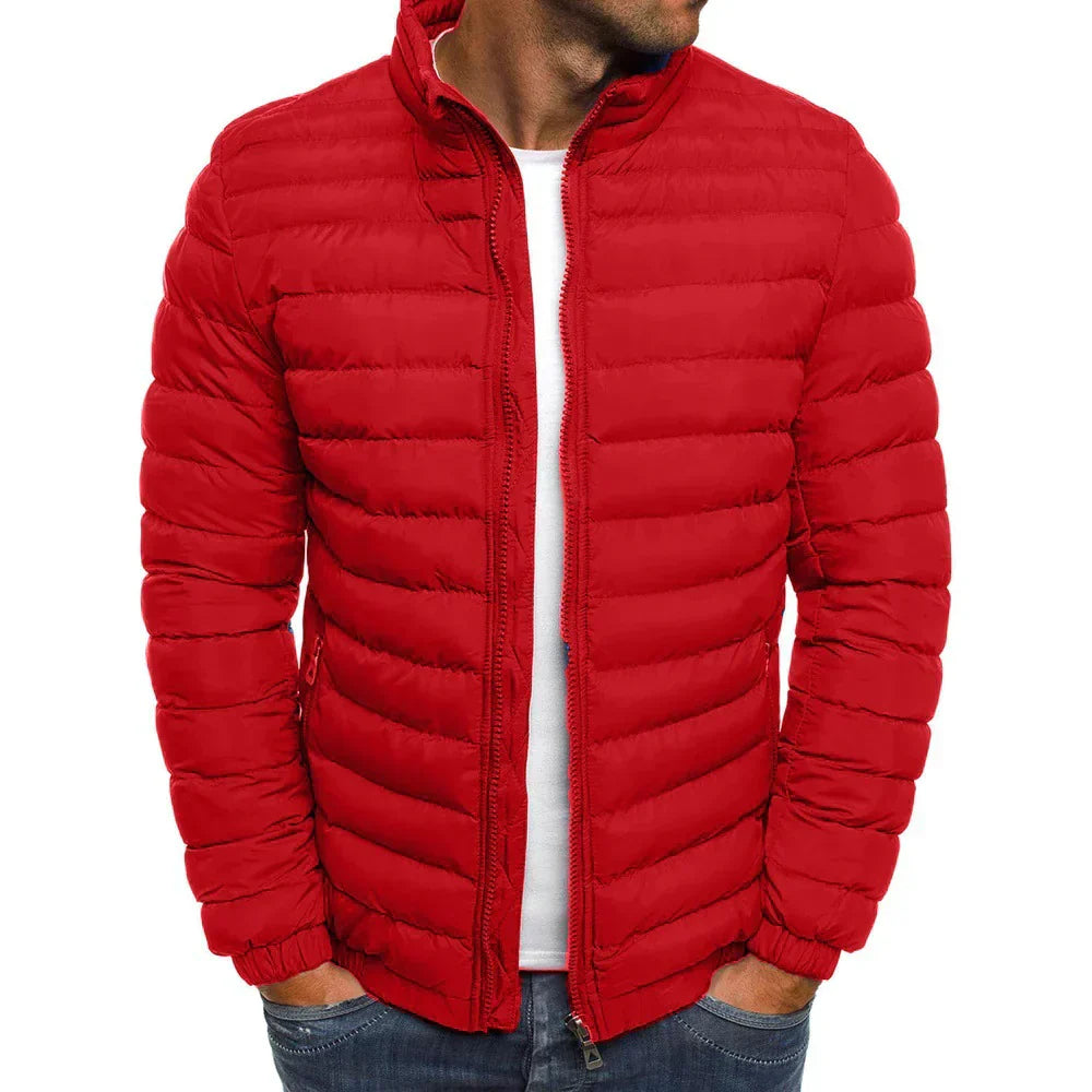 Men's lightweight puffer jacket windproof high collar zip closure casual fall winter layering