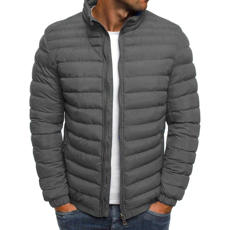 Men's lightweight navy puffer jacket windproof high collar zip closure quilted insulation casual fit