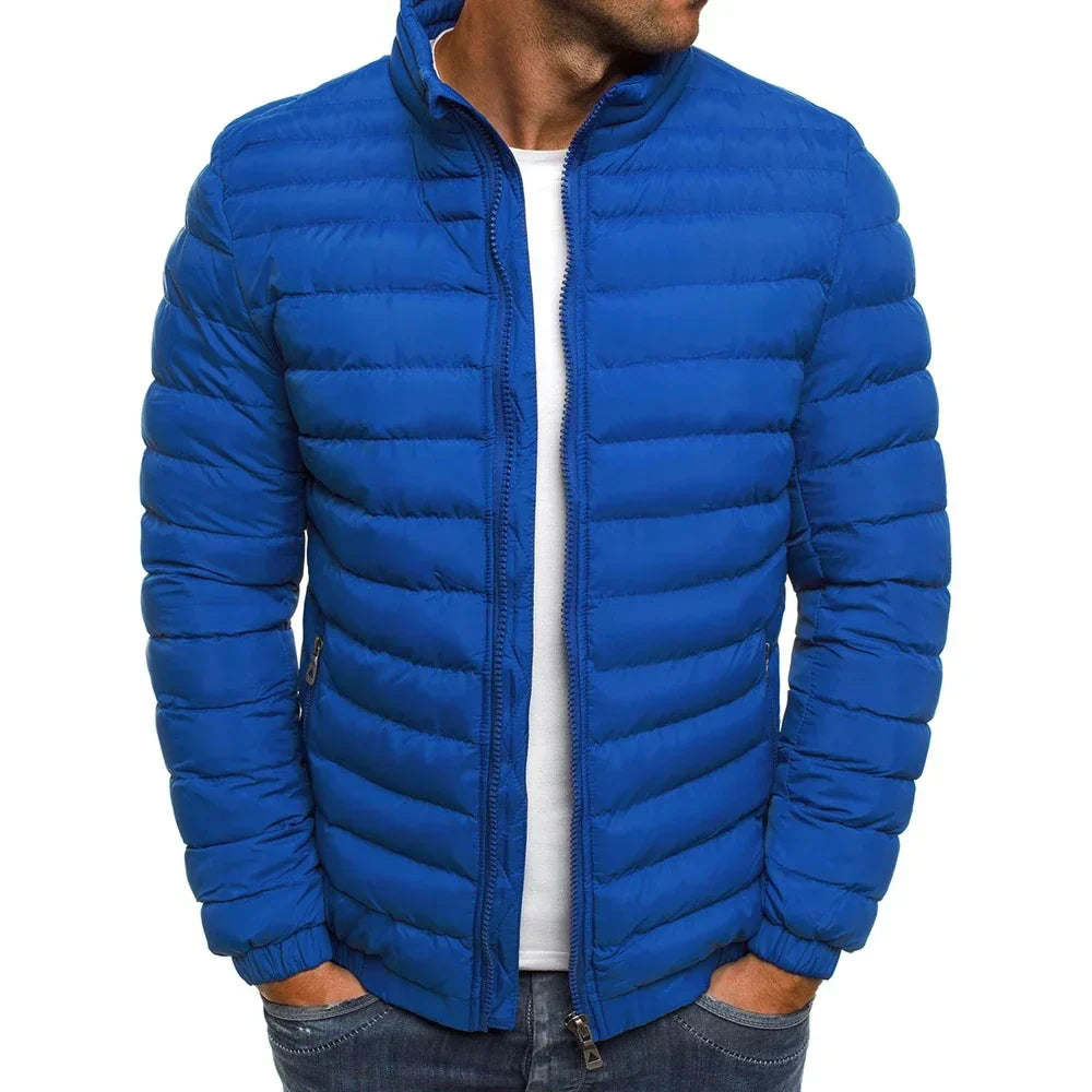 Men's lightweight puffer jacket black windproof high collar zip closure casual winter outerwear