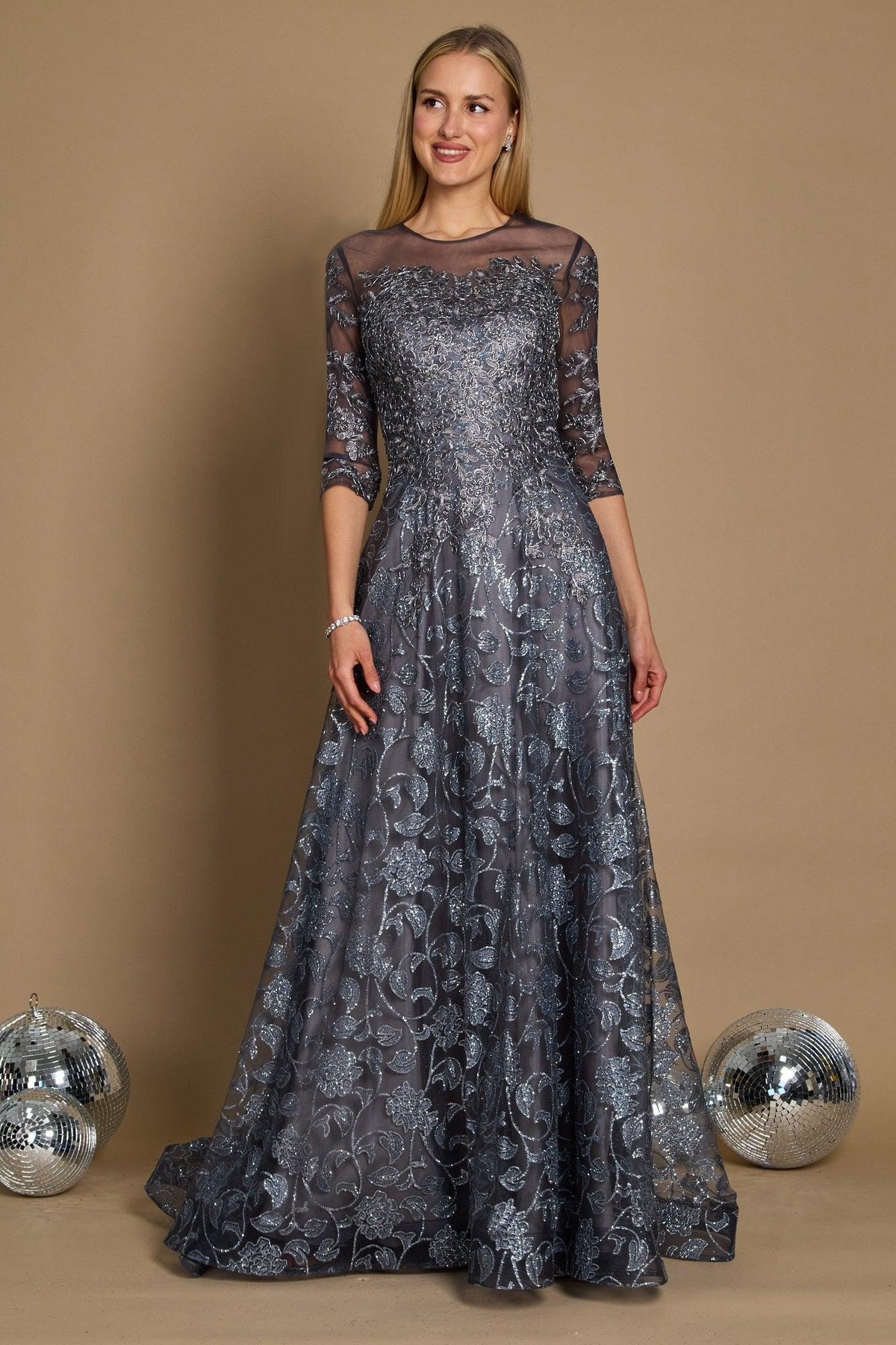 Long formal lace evening dress A-line floor-length gown with subtle sparkle for special occasions