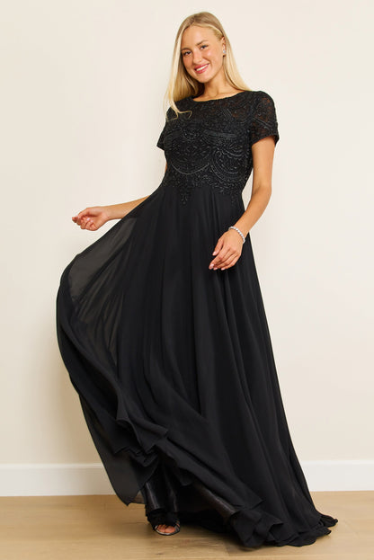Short sleeve chiffon mother of bride gown with diamond-embellished bodice and scoop neckline
