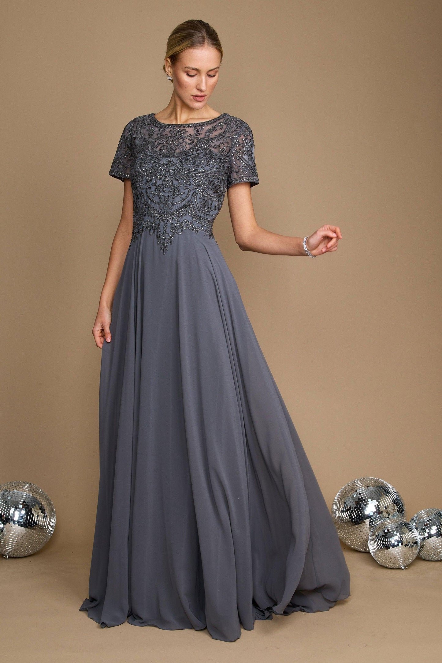 Short sleeve chiffon mother of bride formal gown with diamond embroidery bodice and scoop neckline